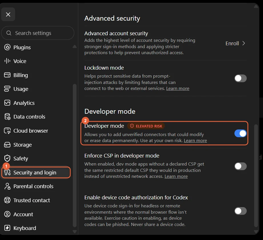 ChatGPT settings showing Security and login in the sidebar and the Developer mode toggle switched on