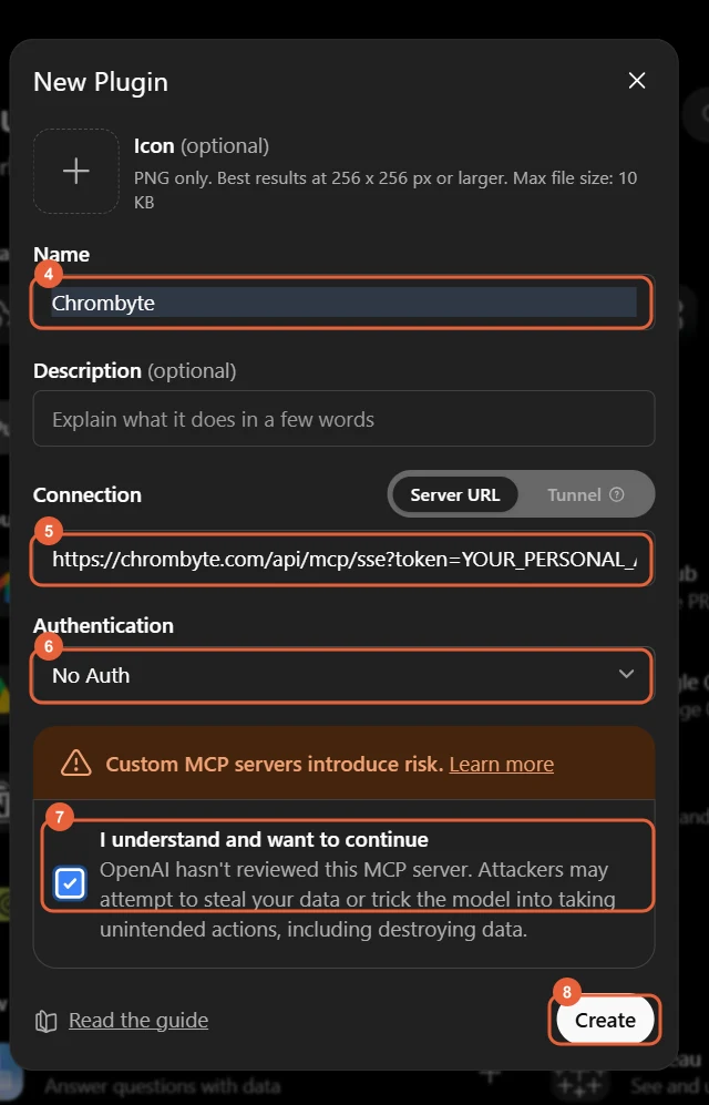 The ChatGPT New Plugin dialog with the name, server URL, authentication, consent checkbox and Create button highlighted
