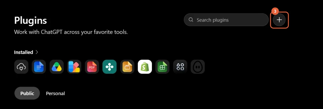 The ChatGPT plugins page with the add plugin button beside the search box highlighted