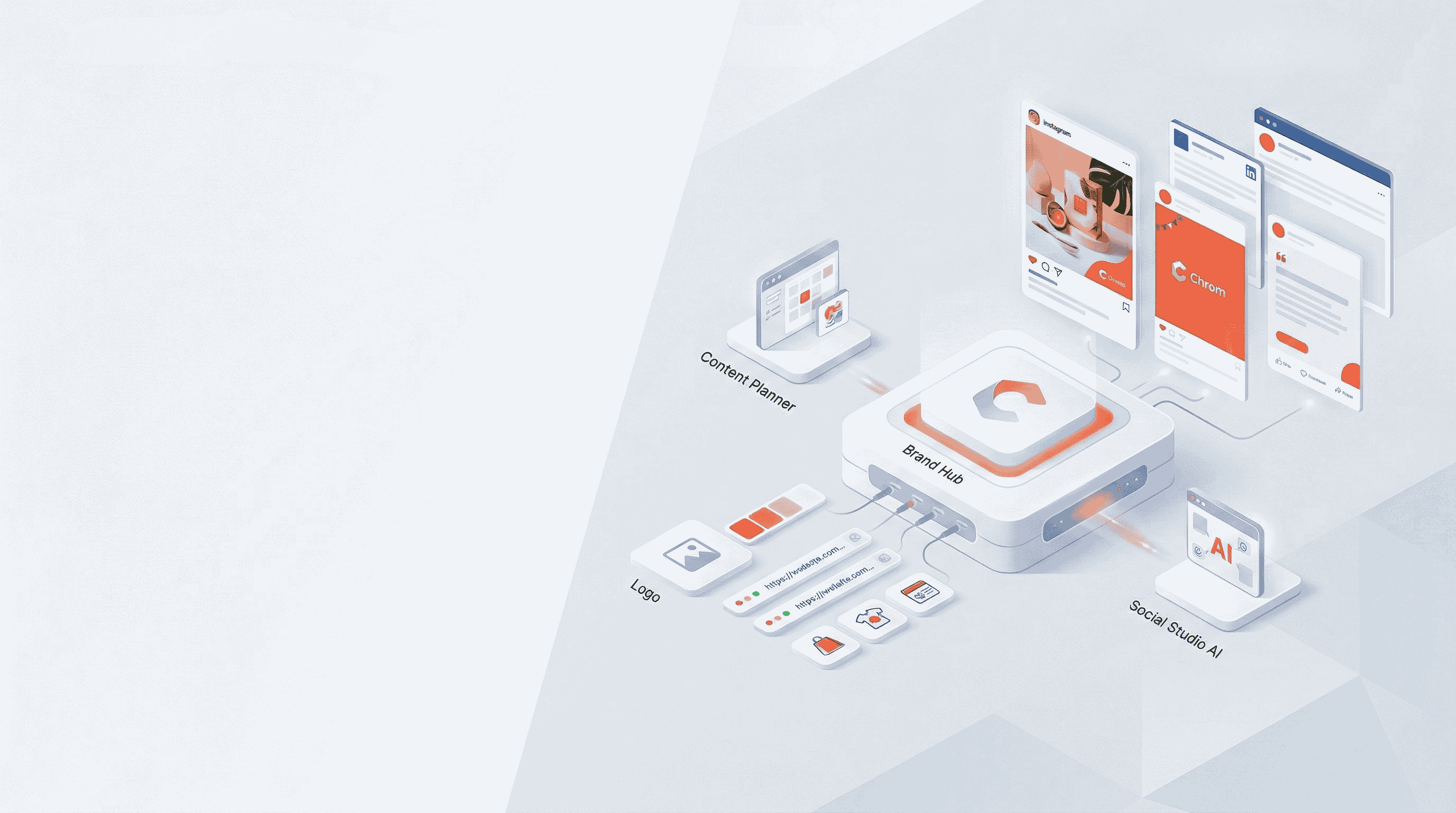 Illustration showing how Chrombyte generates social media posts from your website and products using AI